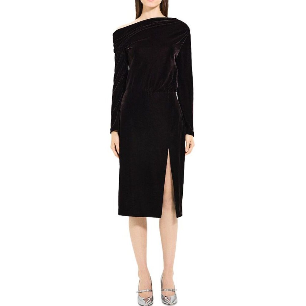 Theory Velvet Draped Slit Off the Shoulder Midi Dress Size 10